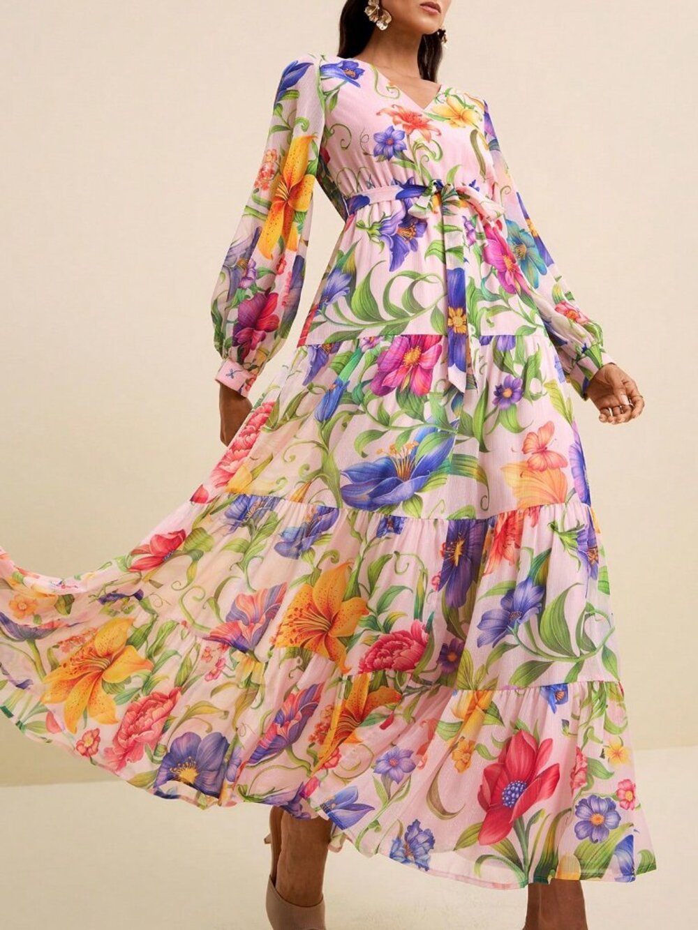 Multicolor Boho Women's V-Neck Long Sleeve Cinched Waist Tropical Floral Dress